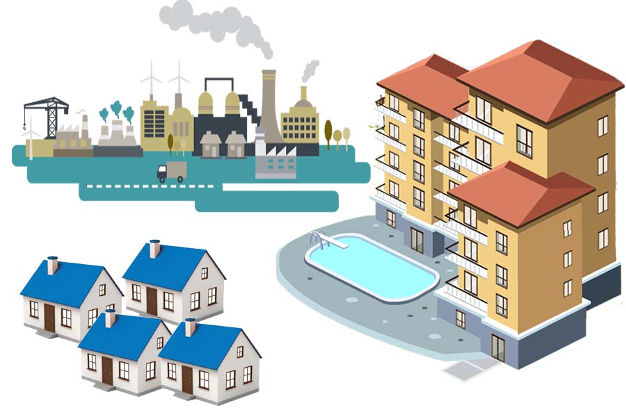 Illustration of Residential, Commercial, and Industrial areas that would require an AVR for their appliances and machines